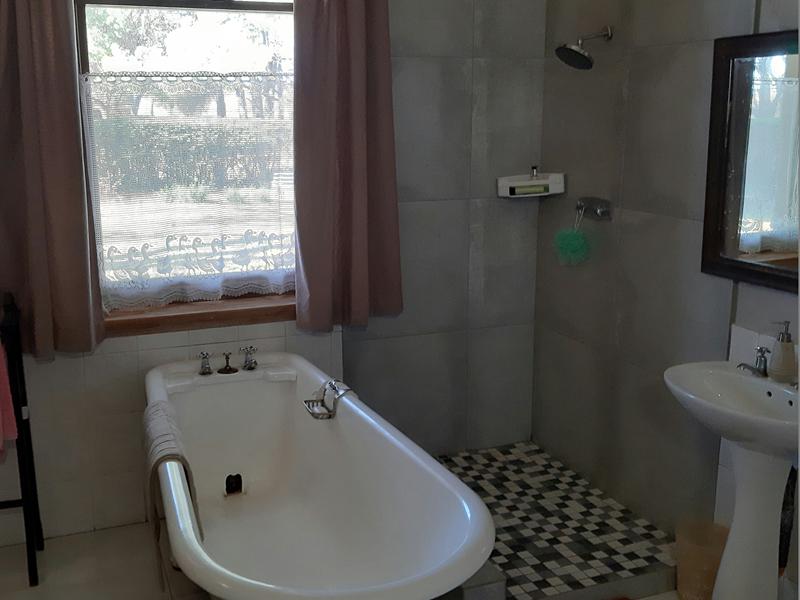 The Family Suite's bathroom, with a claw-foot roll-top bath under the window and a tiled walk-in shower